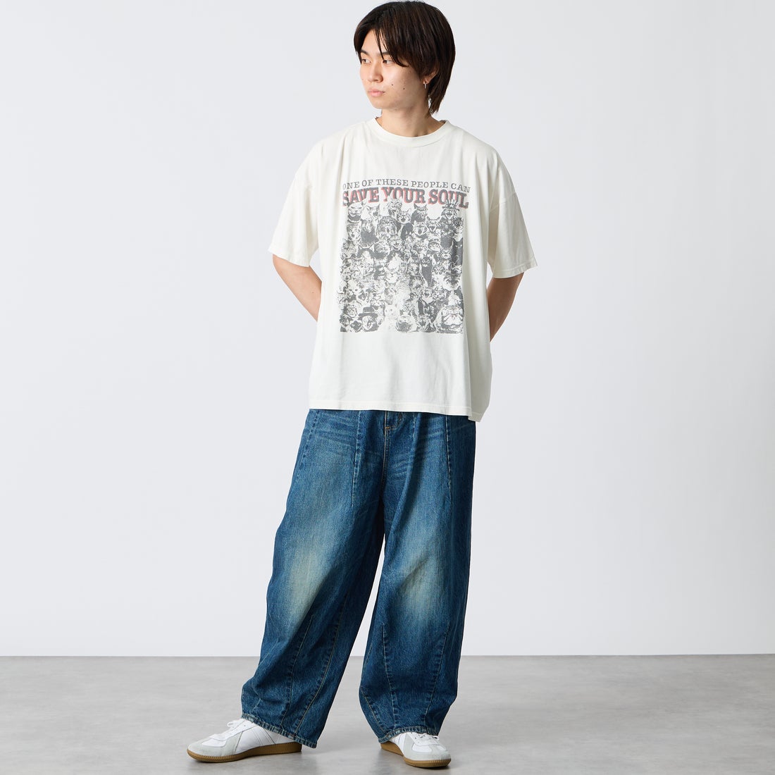 REMI RELIEF [レミレリーフ] 別注 SP加工ビッグプリントTシャツ SAVE YOUR SOUL [RN30389151-JF] OFF WHITE &&モデル身長：177cm 着用サイズ：S&&