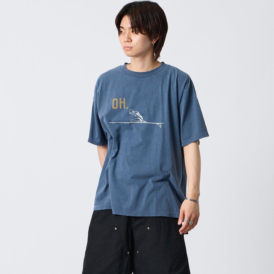 REMI RELIEF [レミレリーフ] 別注 SP加工ビッグプリントTシャツ OH. [RN30389196-JF] NAVY &&モデル身長：177cm 着用サイズ：S&&