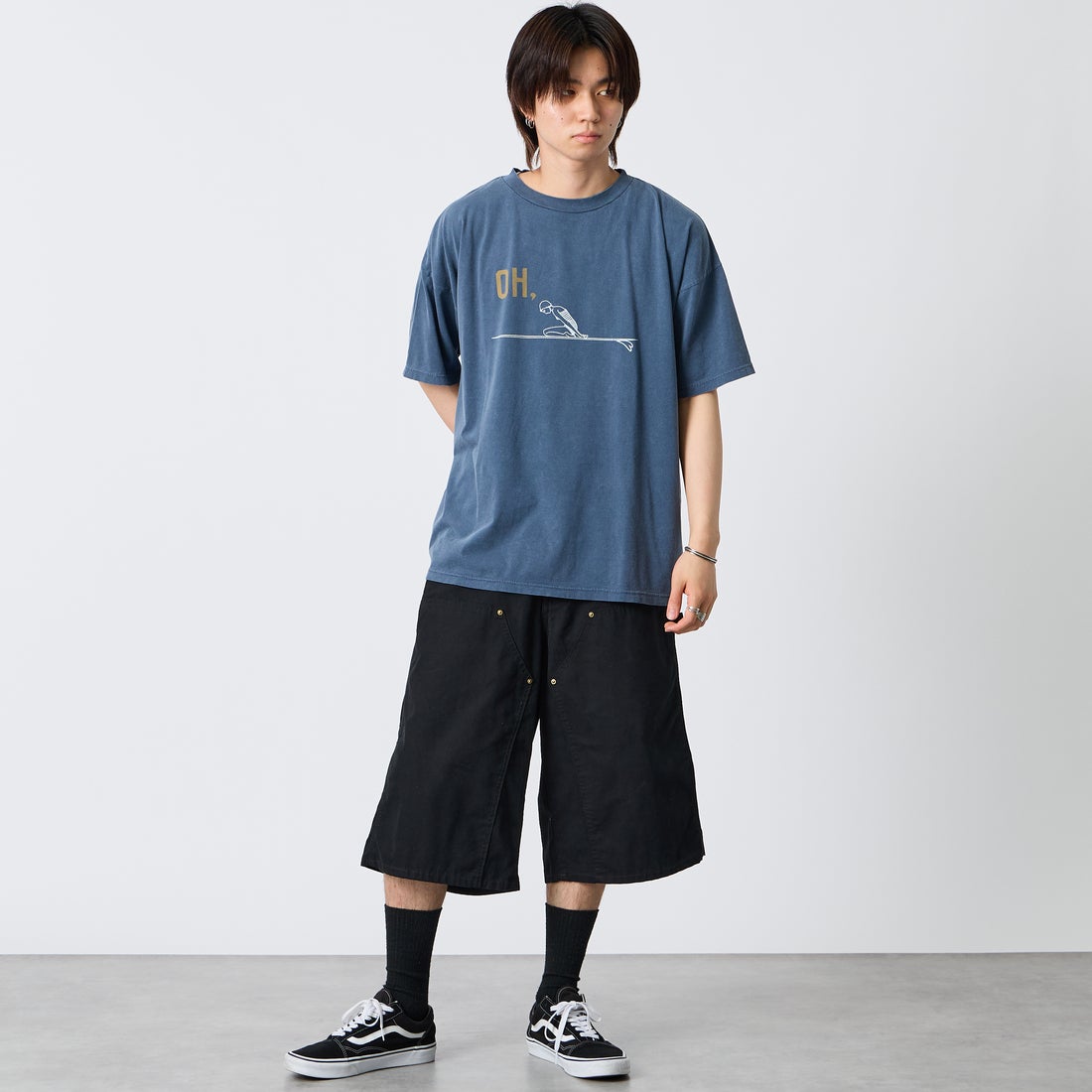 REMI RELIEF [レミレリーフ] 別注 SP加工ビッグプリントTシャツ OH. [RN30389196-JF] NAVY &&モデル身長：177cm 着用サイズ：S&&