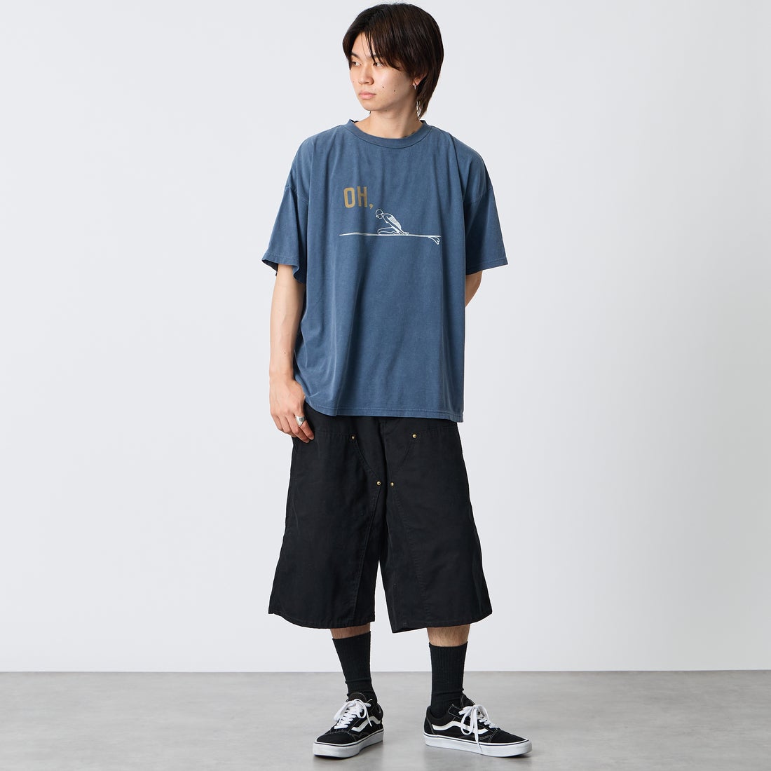 REMI RELIEF [レミレリーフ] 別注 SP加工ビッグプリントTシャツ OH. [RN30389196-JF] NAVY &&モデル身長：177cm 着用サイズ：S&&