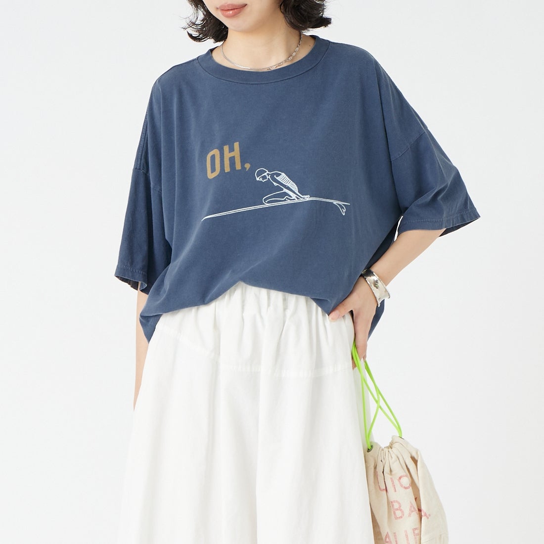 REMI RELIEF [レミレリーフ] 別注 SP加工ビッグプリントTシャツ OH. [RN30389196-JF] NAVY &&モデル身長：162cm 着用サイズ：F&&