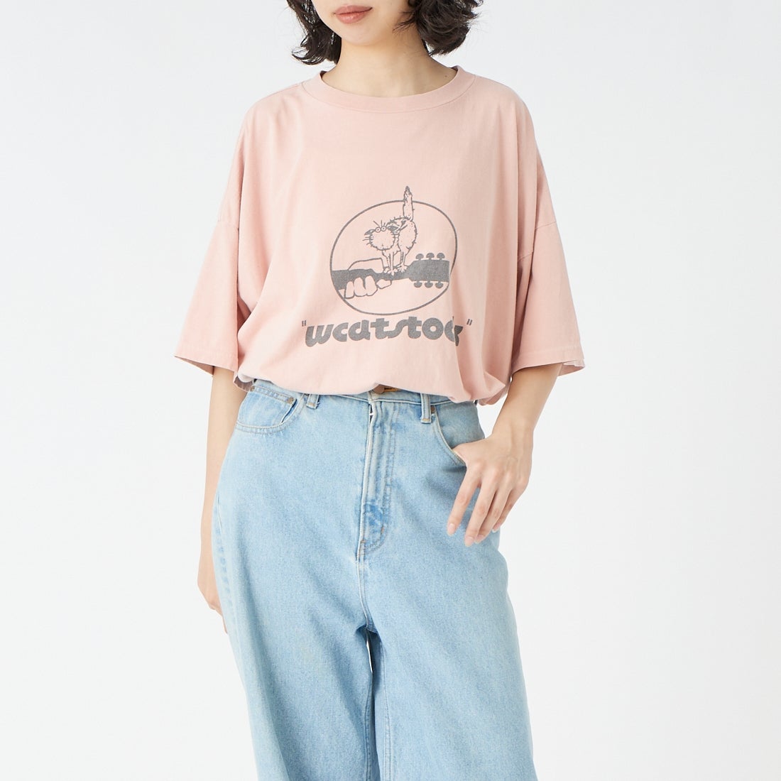REMI RELIEF [レミレリーフ] 別注 SP加工ビッグプリントTシャツ WCATSTOCK [RN30389144-JF] L.PINK &&モデル身長：162cm 着用サイズ：F&&