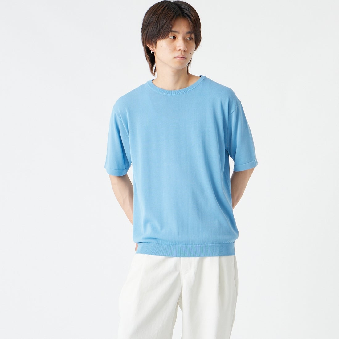 RYE TENDER [ライテンダー] 別注 ショートスリーブニットTシャツ [10012620-JF] BLUE &&モデル身長：177cm 着用サイズ：1&&