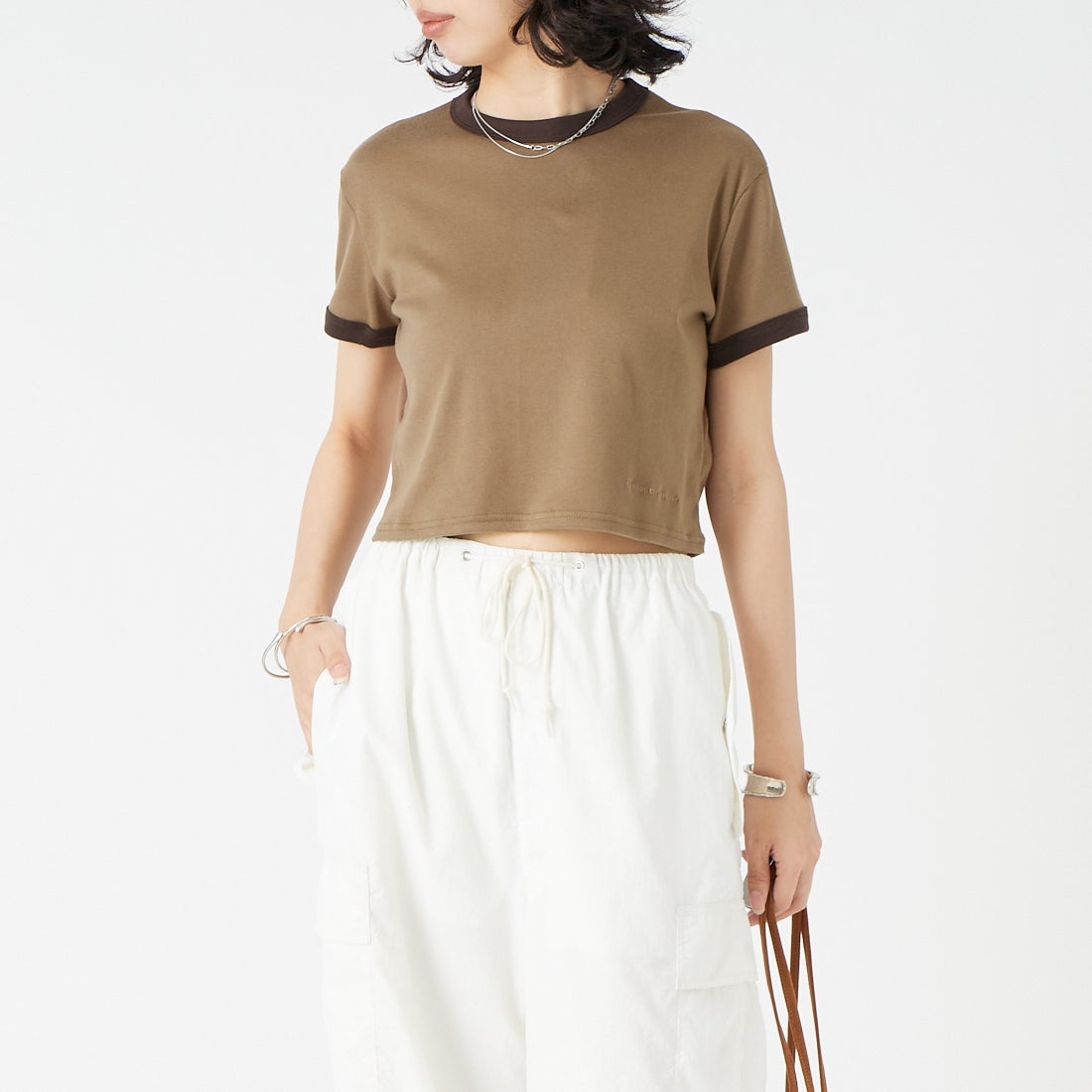 Vincent et Mireille [ヴァンソン エ ミレイユ] ショートスリーブリンガーTシャツ [VM261CT00011] 92 MOC/DB &&モデル身長：162cm 着用サイズ：2&&