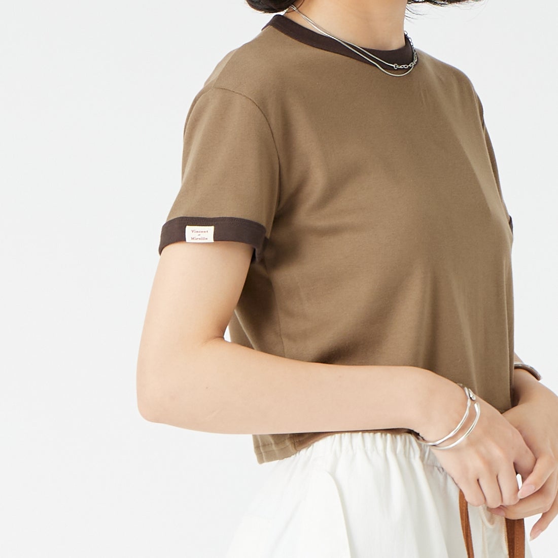 Vincent et Mireille [ヴァンソン エ ミレイユ] ショートスリーブリンガーTシャツ [VM261CT00011] 92 MOC/DB &&モデル身長：162cm 着用サイズ：2&&