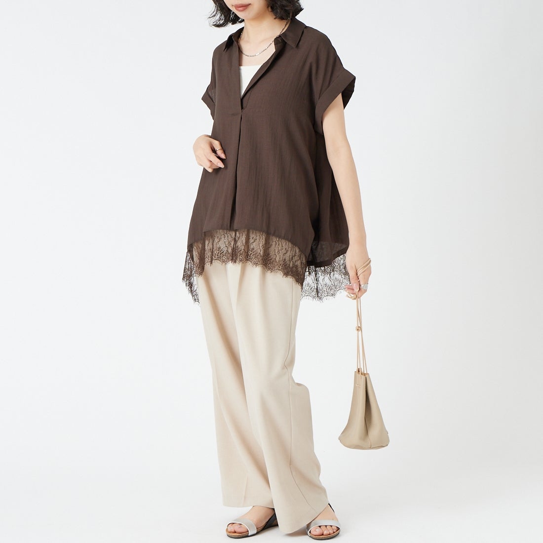 Jf Ready Made [ジェイエフレディメイド] レーススキッパーシャツ [8569317-09] 63 ﾌﾞﾗｳﾝ &&モデル身長：162cm 着用サイズ：F&&