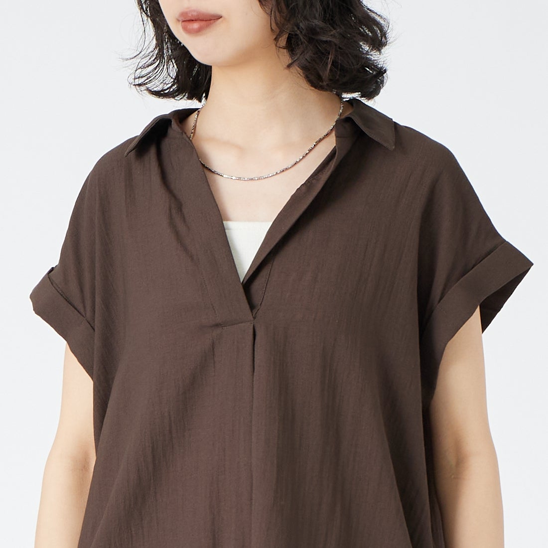 Jf Ready Made [ジェイエフレディメイド] レーススキッパーシャツ [8569317-09] 63 ﾌﾞﾗｳﾝ &&モデル身長：162cm 着用サイズ：F&&