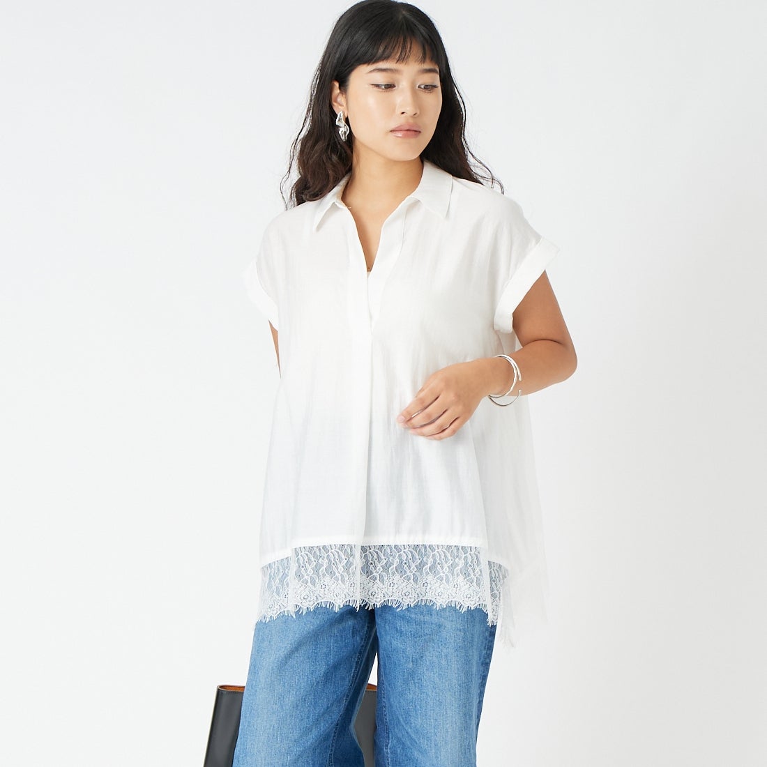 Jf Ready Made [ジェイエフレディメイド] レーススキッパーシャツ [8569317-09] 02 ｵﾌ &&モデル身長：162cm 着用サイズ：F&&