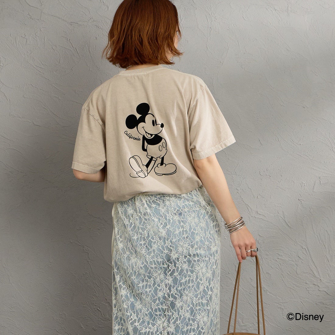 GOOD ROCK SPEED [グッドロックスピード] 別注 / MICKEY MOUSE / フロッキープリントTシャツ [INTN-076-JF] BEIGE &&モデル身長：158cm 着用サイズ：M&&