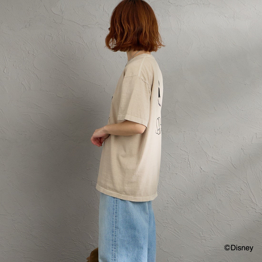 GOOD ROCK SPEED [グッドロックスピード] 別注 / MICKEY MOUSE / フロッキープリントTシャツ [INTN-076-JF] BEIGE &&モデル身長：158cm 着用サイズ：M&&