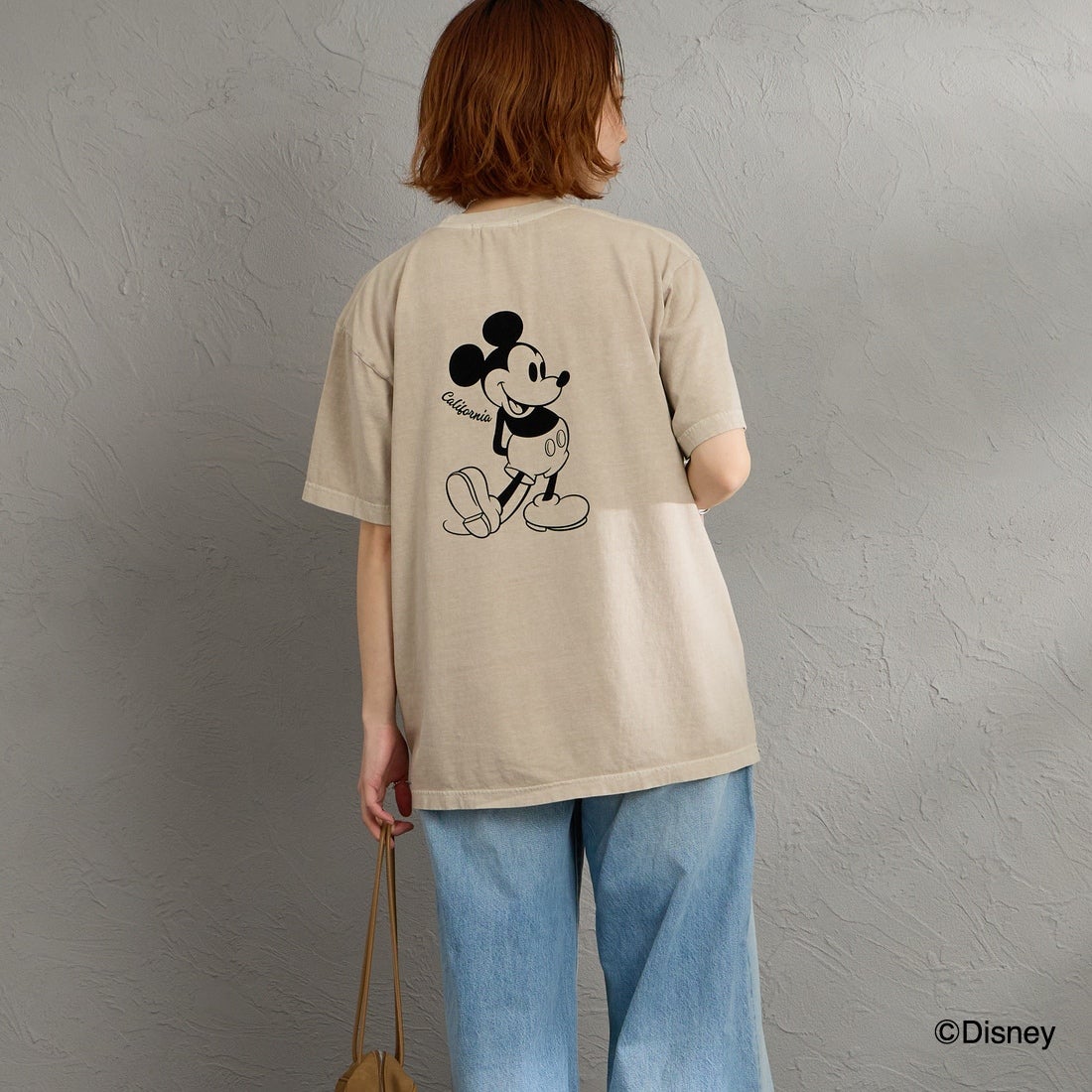 GOOD ROCK SPEED [グッドロックスピード] 別注 / MICKEY MOUSE / フロッキープリントTシャツ [INTN-076-JF] BEIGE &&モデル身長：158cm 着用サイズ：M&&