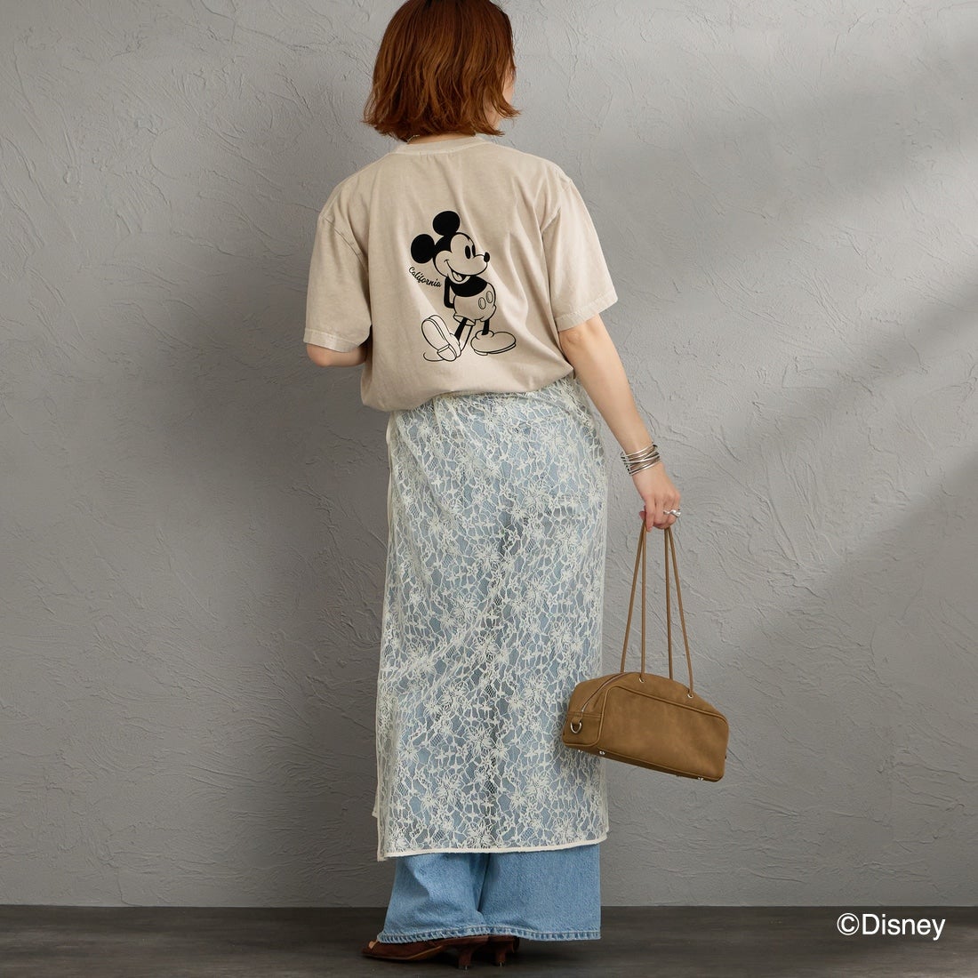 GOOD ROCK SPEED [グッドロックスピード] 別注 / MICKEY MOUSE / フロッキープリントTシャツ [INTN-076-JF] BEIGE &&モデル身長：158cm 着用サイズ：M&&