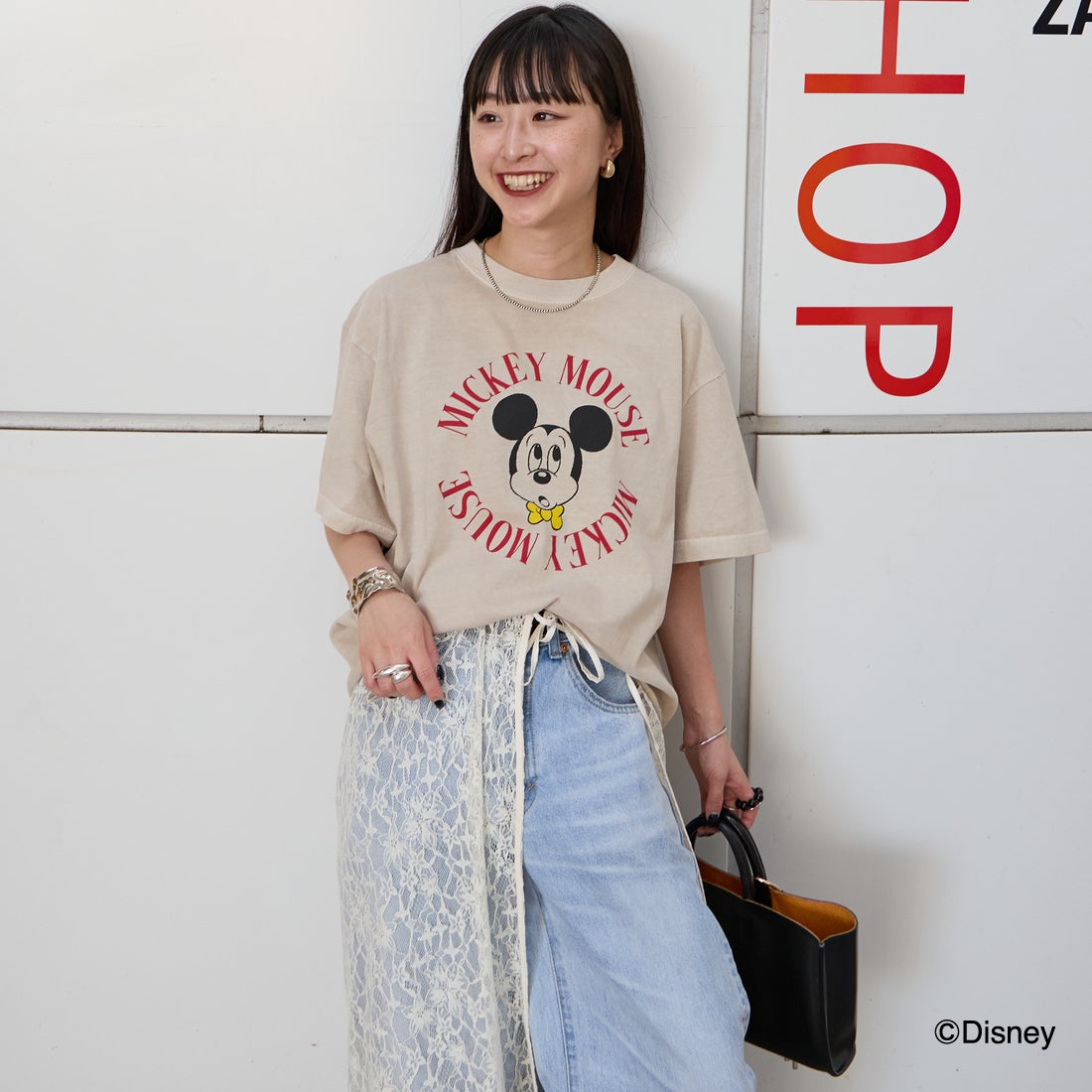 GOOD ROCK SPEED [グッドロックスピード] 別注 / MICKEY MOUSE / クロップド丈プリントTシャツ [INTN-077-JF] BEIGE &&モデル身長：150cm 着用サイズ：M&&