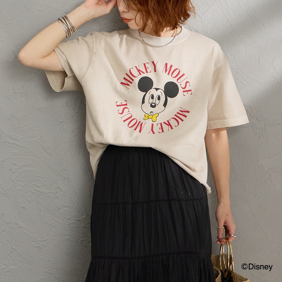 GOOD ROCK SPEED [グッドロックスピード] 別注 / MICKEY MOUSE / クロップド丈プリントTシャツ [INTN-077-JF] BEIGE &&モデル身長：158cm 着用サイズ：M&&