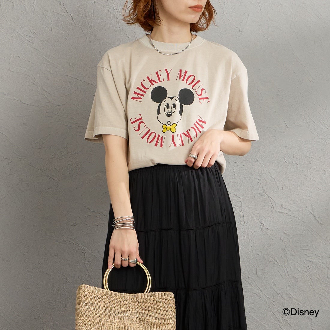 GOOD ROCK SPEED [グッドロックスピード] 別注 / MICKEY MOUSE / クロップド丈プリントTシャツ [INTN-077-JF] BEIGE &&モデル身長：158cm 着用サイズ：M&&