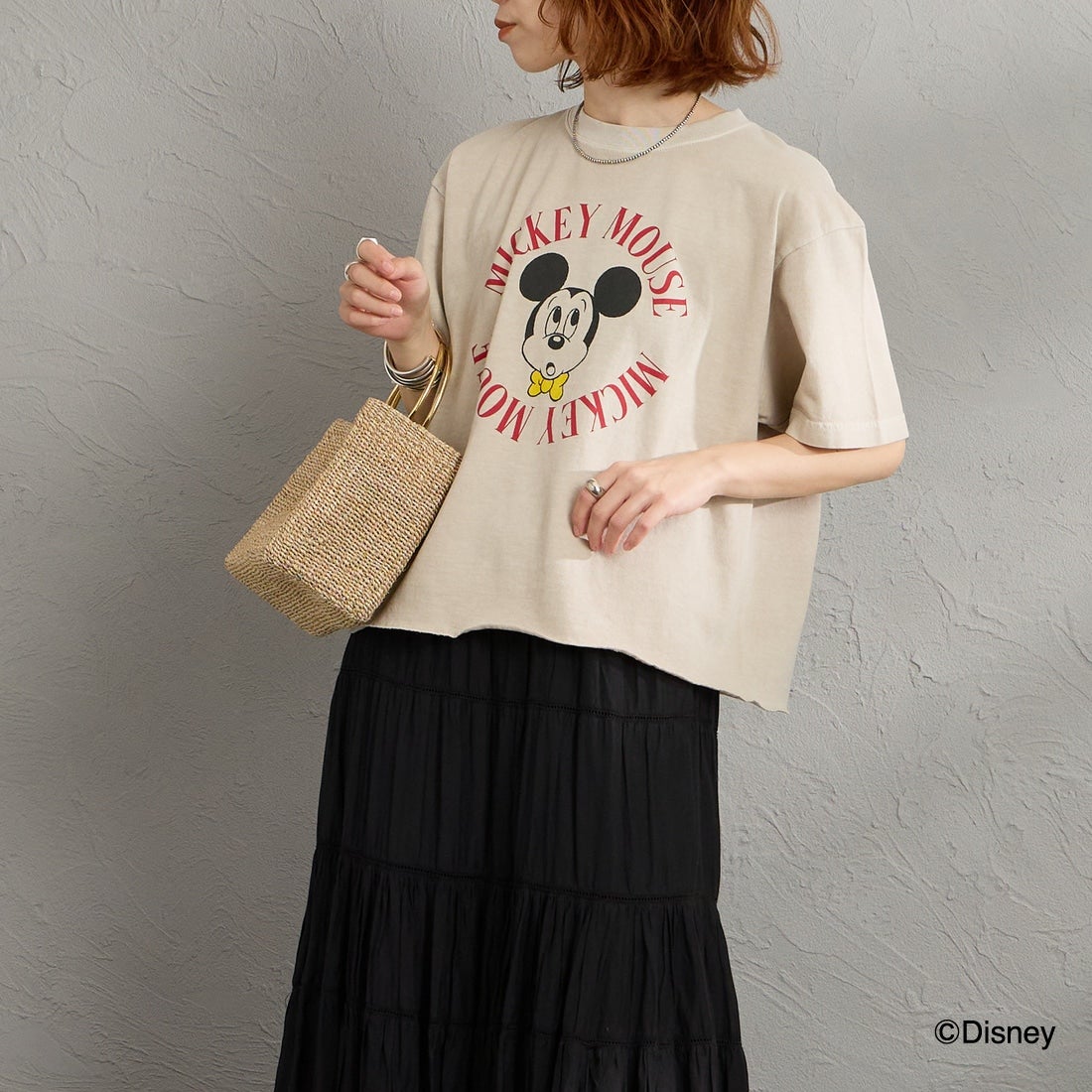 GOOD ROCK SPEED [グッドロックスピード] 別注 / MICKEY MOUSE / クロップド丈プリントTシャツ [INTN-077-JF] BEIGE &&モデル身長：158cm 着用サイズ：M&&