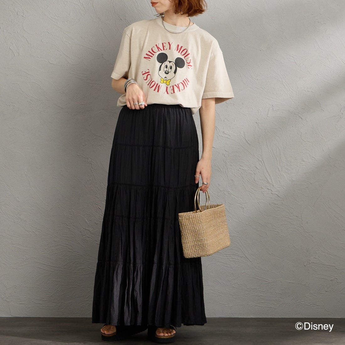 GOOD ROCK SPEED [グッドロックスピード] 別注 / MICKEY MOUSE / クロップド丈プリントTシャツ [INTN-077-JF] BEIGE &&モデル身長：158cm 着用サイズ：M&&