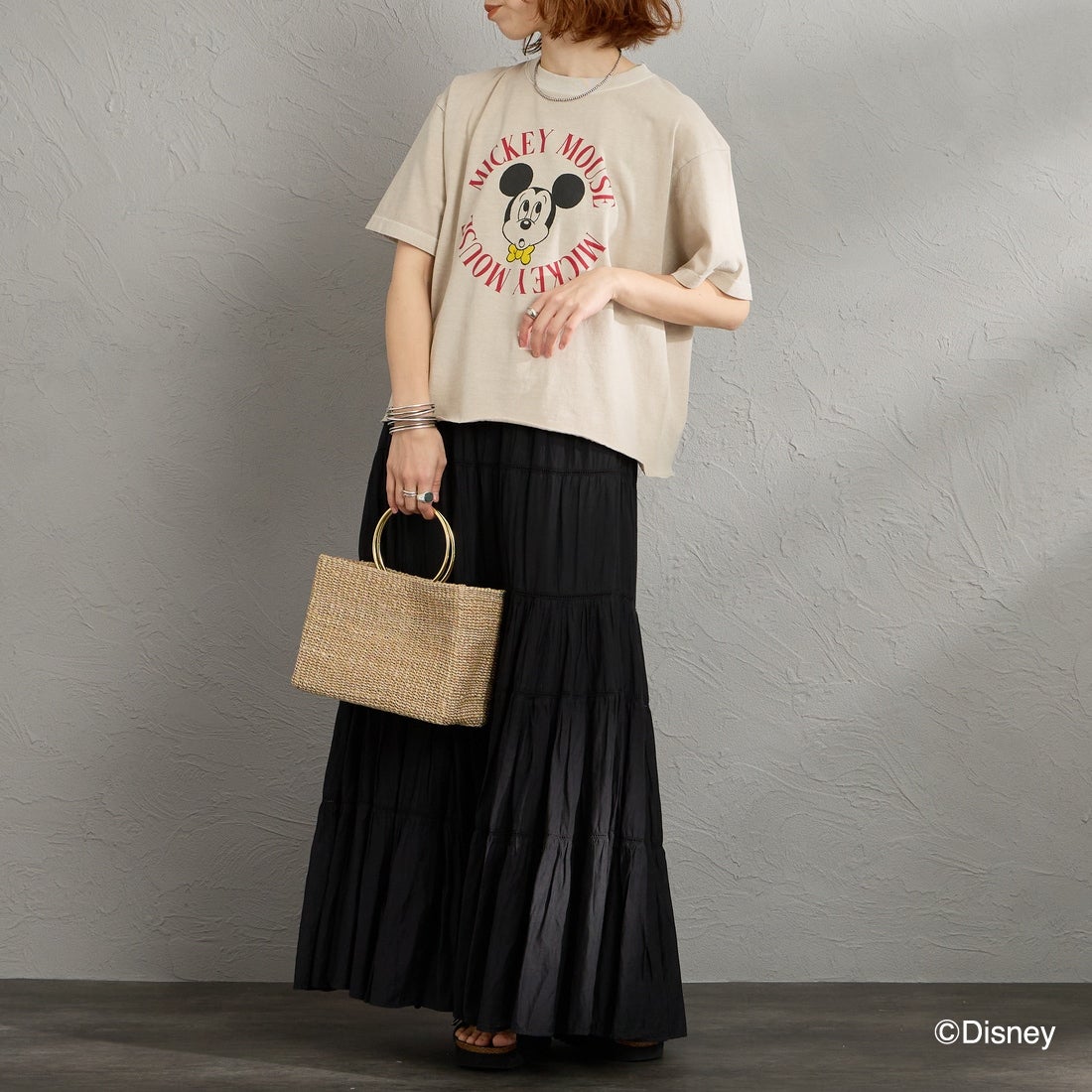 GOOD ROCK SPEED [グッドロックスピード] 別注 / MICKEY MOUSE / クロップド丈プリントTシャツ [INTN-077-JF] BEIGE &&モデル身長：158cm 着用サイズ：M&&
