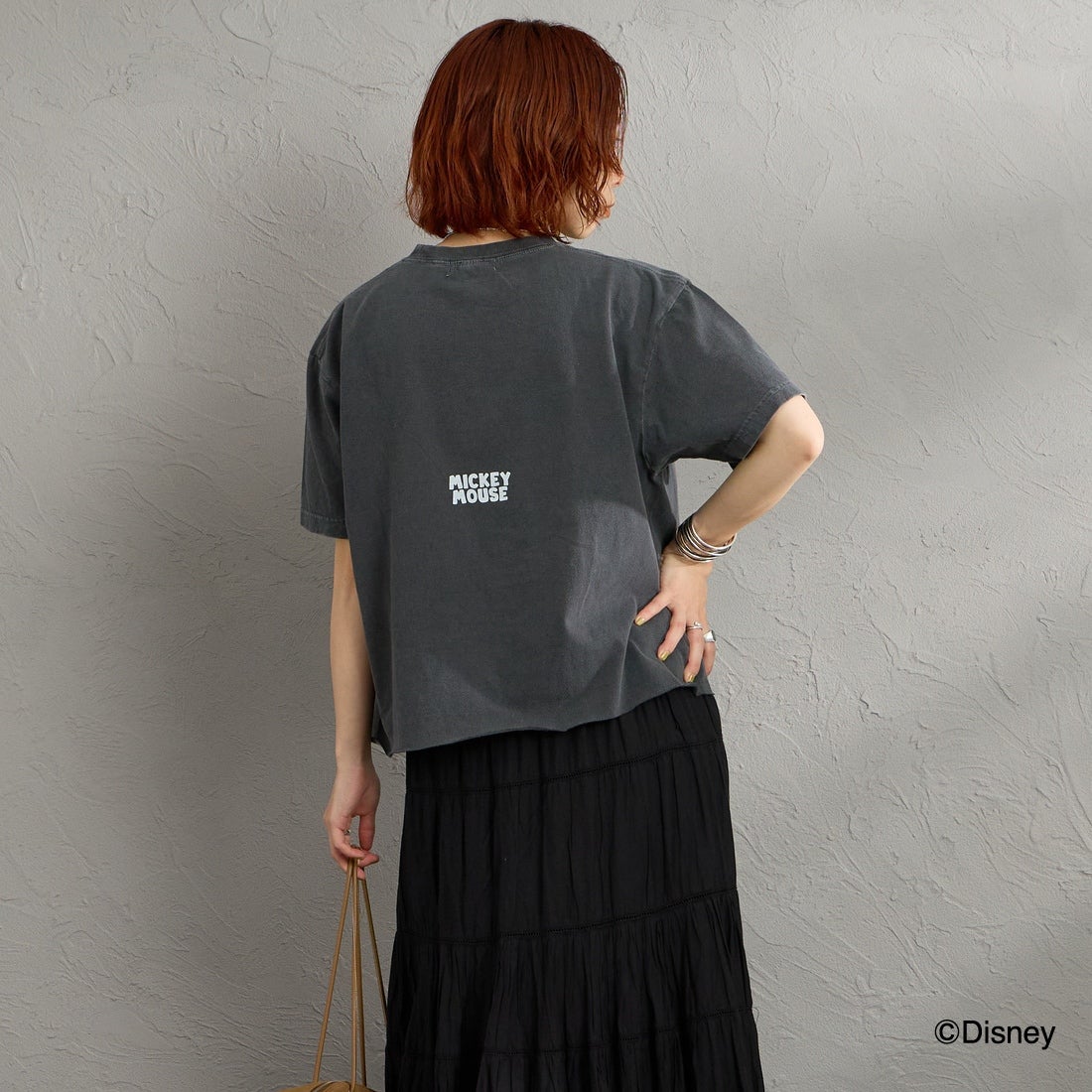 GOOD ROCK SPEED [グッドロックスピード] 別注 / MICKEY MOUSE / クロップド丈プリントTシャツ [INTN-078-JF] CHARCOAL &&モデル身長：158cm 着用サイズ：M&&