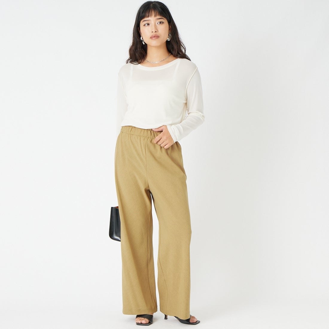 Jeans Factory Clothes [ジーンズファクトリークローズ] リネンライクポプリンバイアスパンツ [21268060] 033 ﾍﾞｰｼﾞｭ &&モデル身長：162cm 着用サイズ：36&&