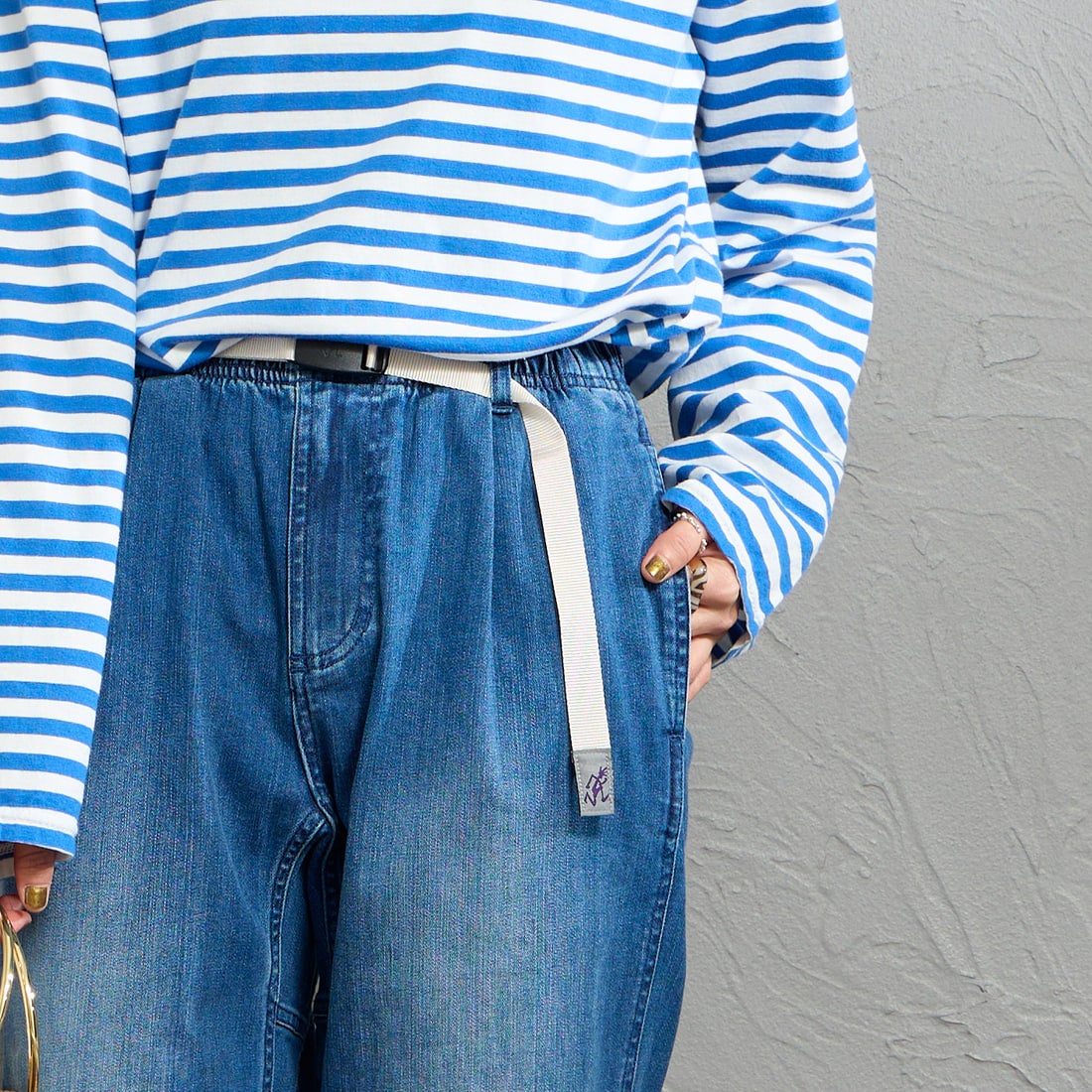 GRAMiCCi [グラミチ] 別注 ストレッチデニム エブリデイパンツ [DENIM-EVERYDAY-JF] DARK USED &&モデル身長：158cm 着用サイズ：S&&