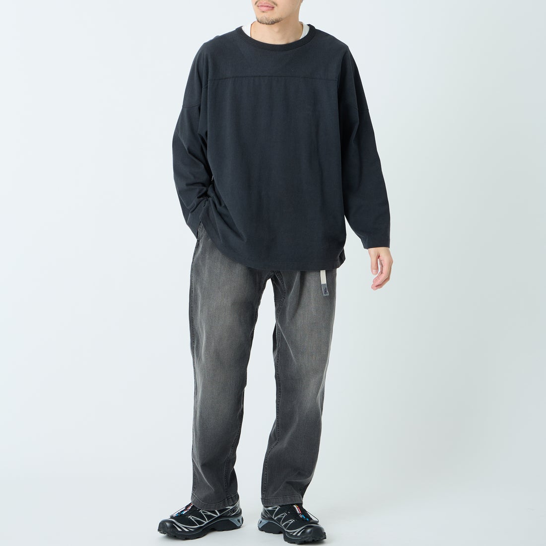 GRAMiCCi [グラミチ] 別注 ストレッチデニム エブリデイパンツ [DENIM-EVERYDAY-JF] BLACK USED &&モデル身長：168cm 着用サイズ：L&&