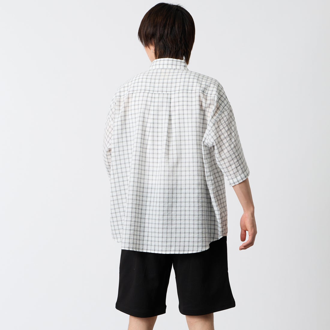 Jeans Factory Clothes [ジーンズファクトリークローズ] ショートスリーブ ビッグボタンダウンシャツ [JFC-262-059] G WH/BK CH &&モデル身長：177cm 着用サイズ：M&&
