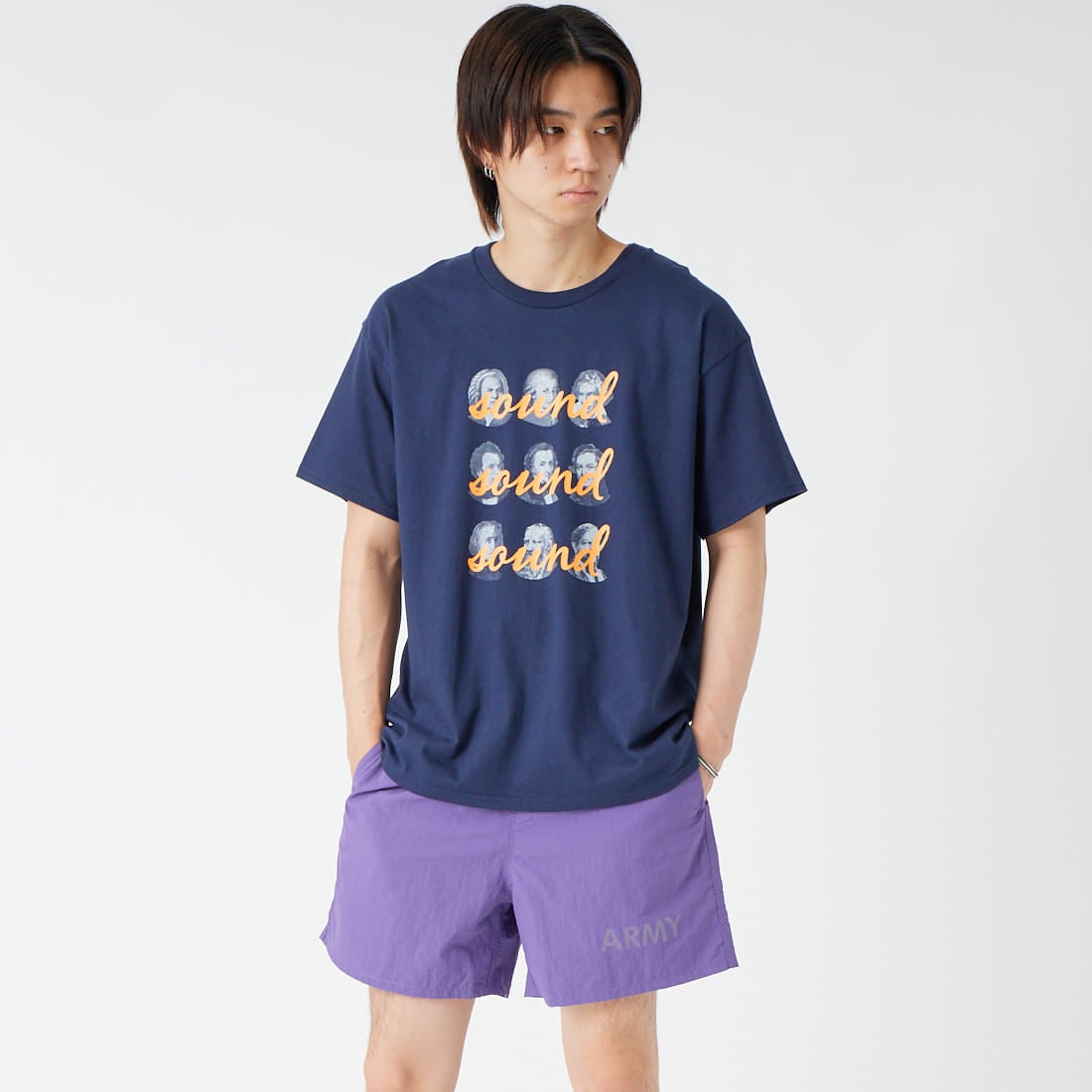 SCREEN STARS [スクリーンスターズ] 別注 偉人プリントTシャツ [26SS-SSBTGRIN-JF] NAVY &&モデル身長：177cm 着用サイズ：M&&