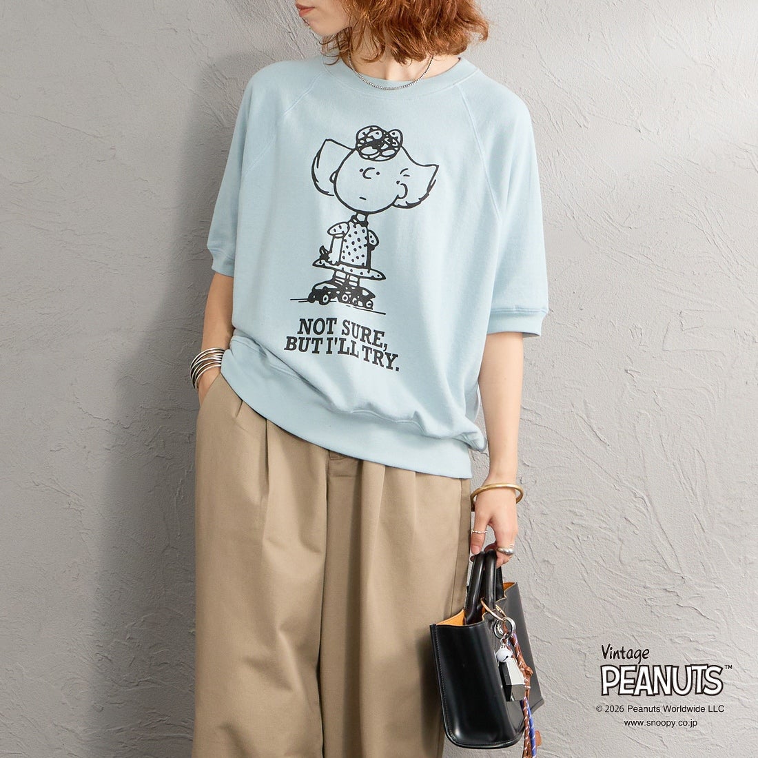 THE SHINZONE [ザ シンゾーン] PEANUTS ハーフスリーブスウェット [26MMSCU17] 81 L.BLUE &&モデル身長：158cm 着用サイズ：F0&&