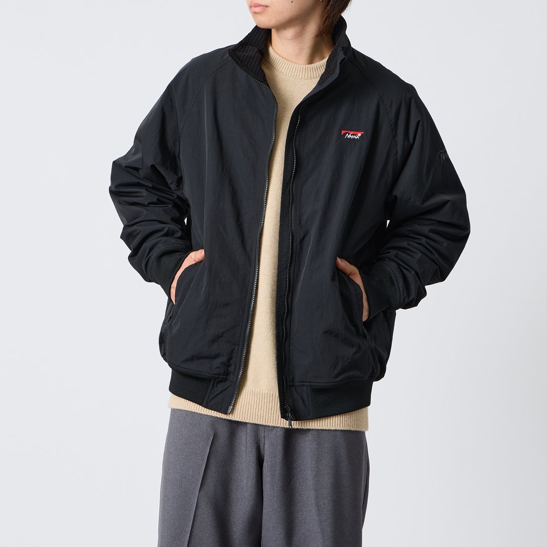 JEANSFACTORY × NANGA [ジーンズファクトリー × ナンガ] 別注 裏フリースブルゾン [NW2609-JF] BLACK &&モデル身長：177cm 着用サイズ：L&&