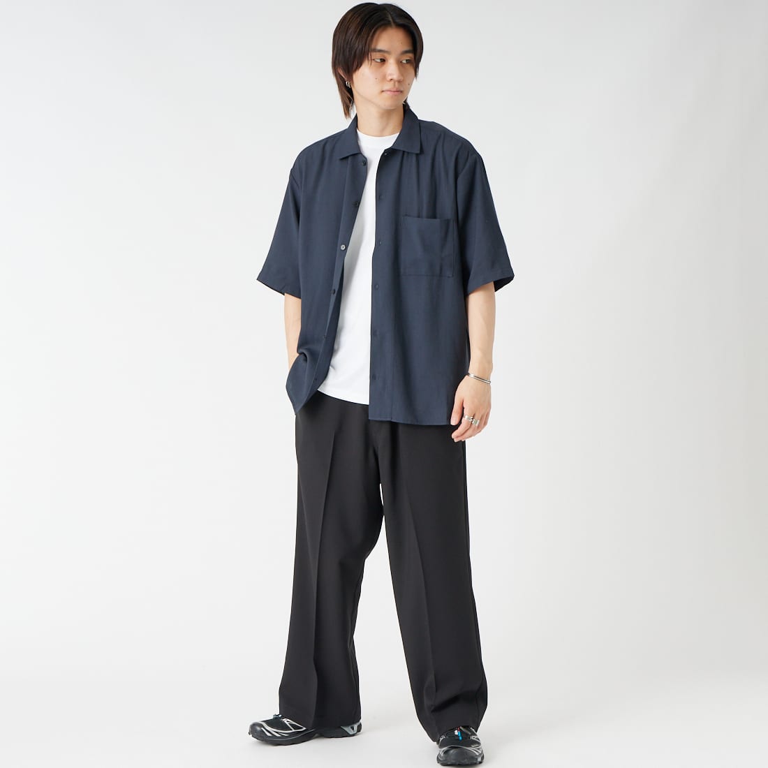 Jeans Factory Clothes [ジーンズファクトリークローズ] TRリネン半袖ワンナップカラーシャツ [EPC-63107] 4 ﾈｲﾋﾞｰ &&モデル身長：177cm 着用サイズ：L&&