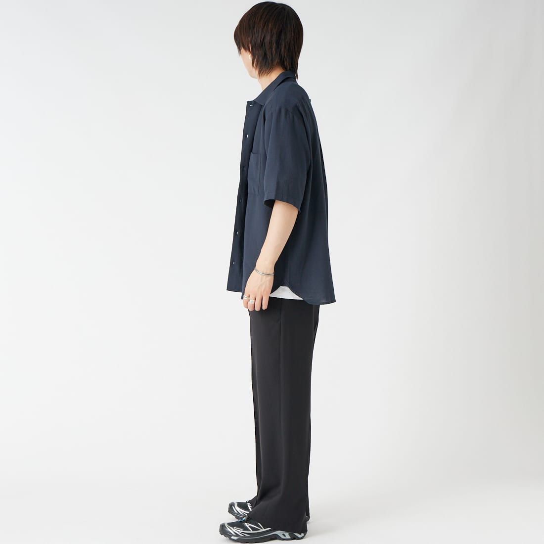 Jeans Factory Clothes [ジーンズファクトリークローズ] TRリネン半袖ワンナップカラーシャツ [EPC-63107] 4 ﾈｲﾋﾞｰ &&モデル身長：177cm 着用サイズ：L&&