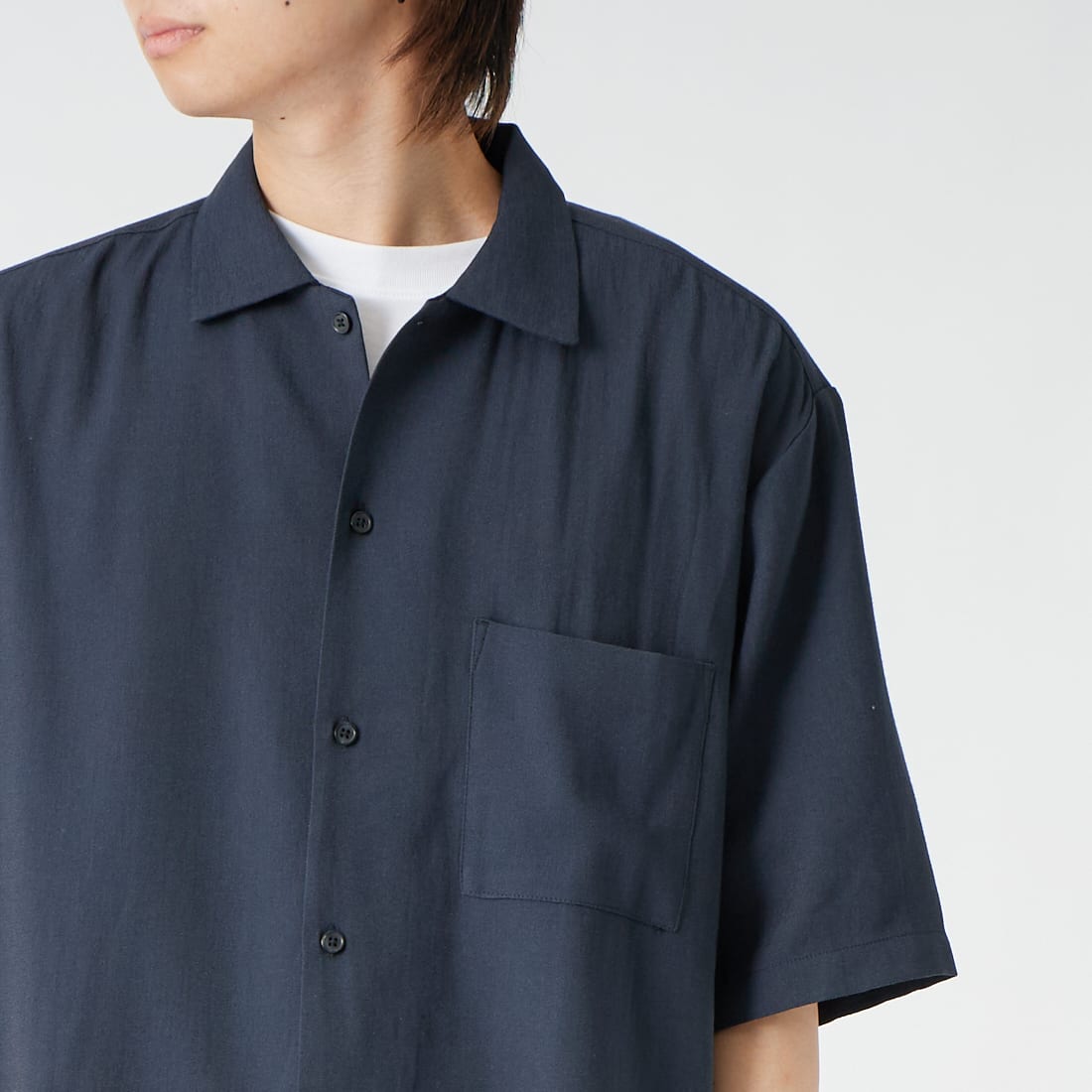 Jeans Factory Clothes [ジーンズファクトリークローズ] TRリネン半袖ワンナップカラーシャツ [EPC-63107] 4 ﾈｲﾋﾞｰ &&モデル身長：177cm 着用サイズ：L&&