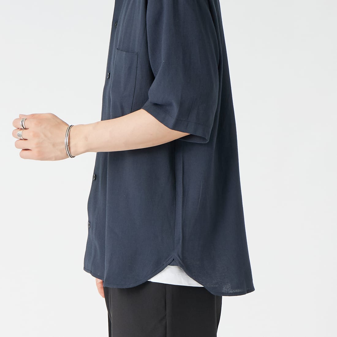 Jeans Factory Clothes [ジーンズファクトリークローズ] TRリネン半袖ワンナップカラーシャツ [EPC-63107] 4 ﾈｲﾋﾞｰ &&モデル身長：177cm 着用サイズ：L&&