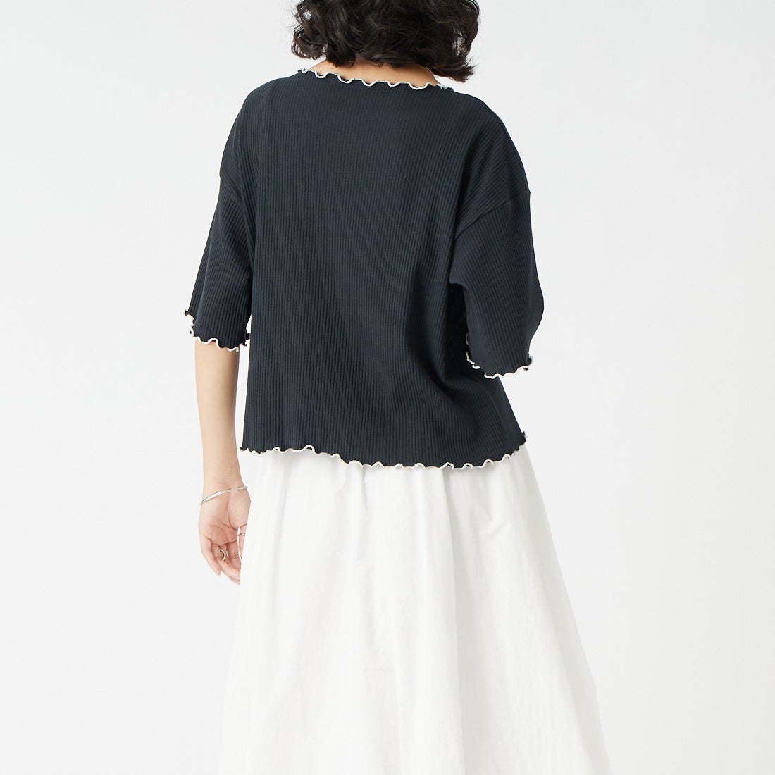Jf Ready Made [ジェイエフレディメイド] ランダムテレコ配色メローTシャツ [3203101] 077 ﾌﾞﾗｯｸ &&モデル身長：162cm 着用サイズ：F&&