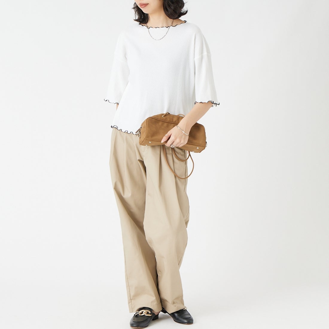 Jf Ready Made [ジェイエフレディメイド] ランダムテレコ配色メローTシャツ [3203101] 120 ﾎﾜｲﾄ &&モデル身長：162cm 着用サイズ：F&&