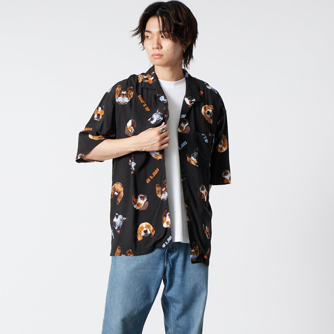 33Degrees [サーティスリーディグリーズ] ドッグフェイスレーヨンアロハシャツ [263SU1SH095] BLACK &&モデル身長：177cm 着用サイズ：L&&