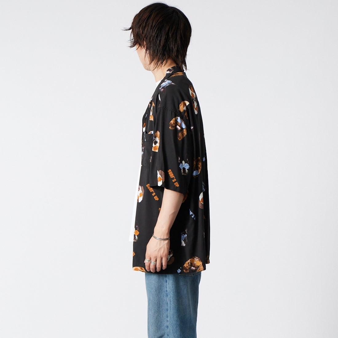 33Degrees [サーティスリーディグリーズ] ドッグフェイスレーヨンアロハシャツ [263SU1SH095] BLACK &&モデル身長：177cm 着用サイズ：L&&