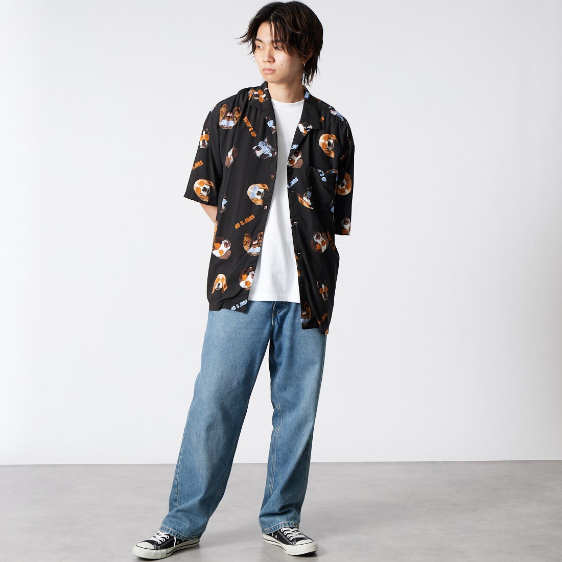 33Degrees [サーティスリーディグリーズ] ドッグフェイスレーヨンアロハシャツ [263SU1SH095] BLACK &&モデル身長：177cm 着用サイズ：L&&