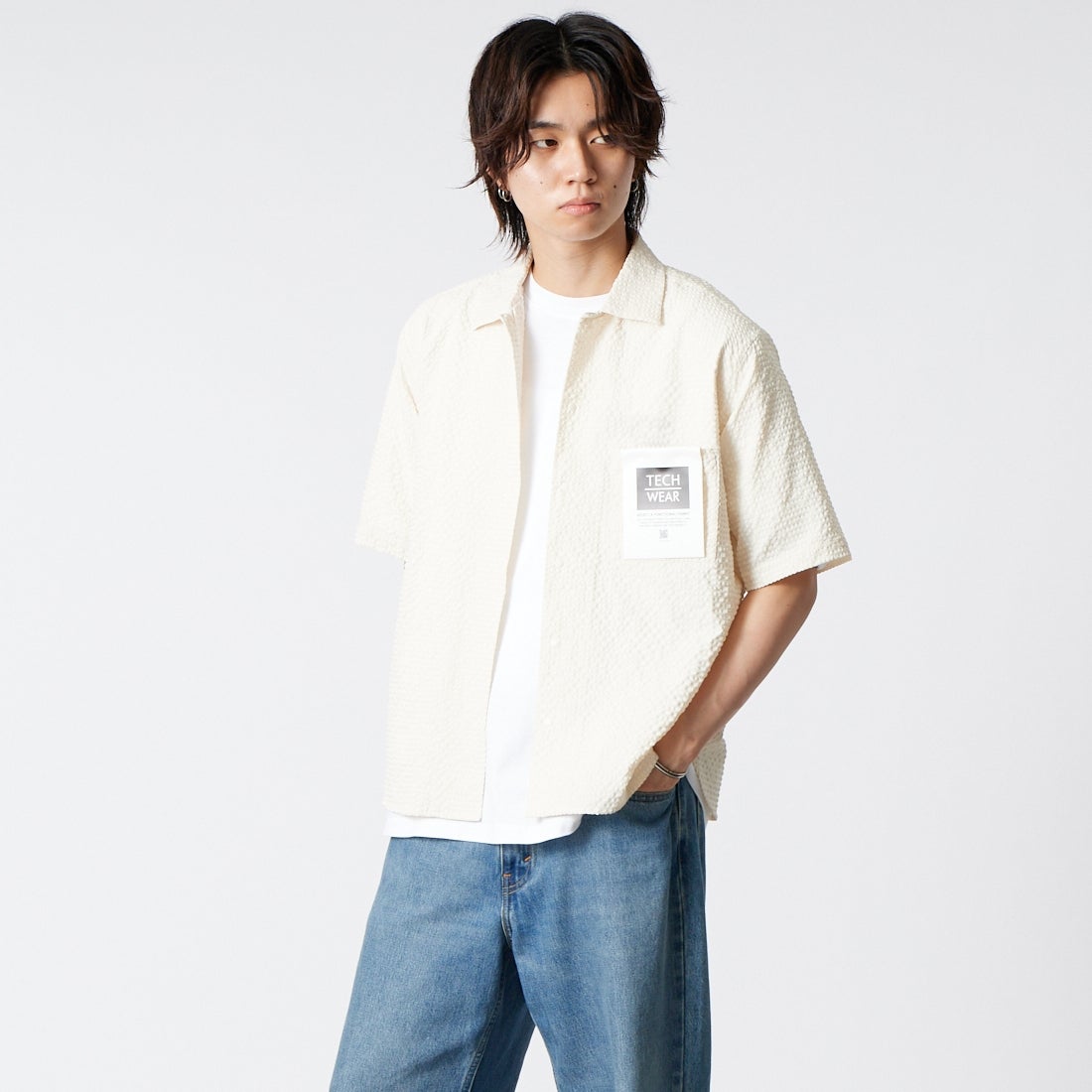 Jeans Factory Clothes [ジーンズファクトリークローズ] テックドビーメッシュ半袖ワンナップカラーシャツ [EPC-63105] 1 ｱｲﾎﾞﾘｰ &&モデル身長：177cm 着用サイズ：M&&
