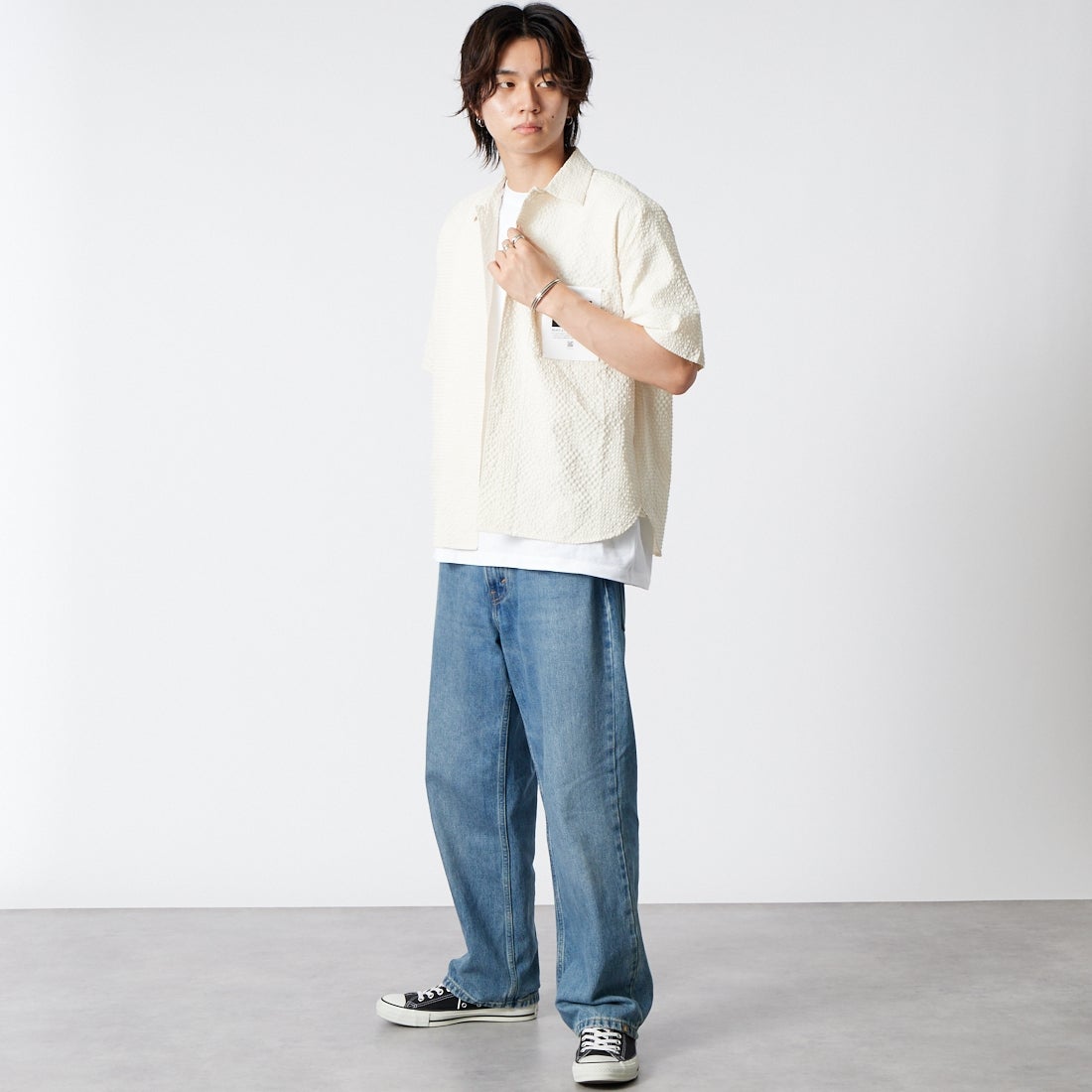 Jeans Factory Clothes [ジーンズファクトリークローズ] テックドビーメッシュ半袖ワンナップカラーシャツ [EPC-63105] 1 ｱｲﾎﾞﾘｰ &&モデル身長：177cm 着用サイズ：M&&
