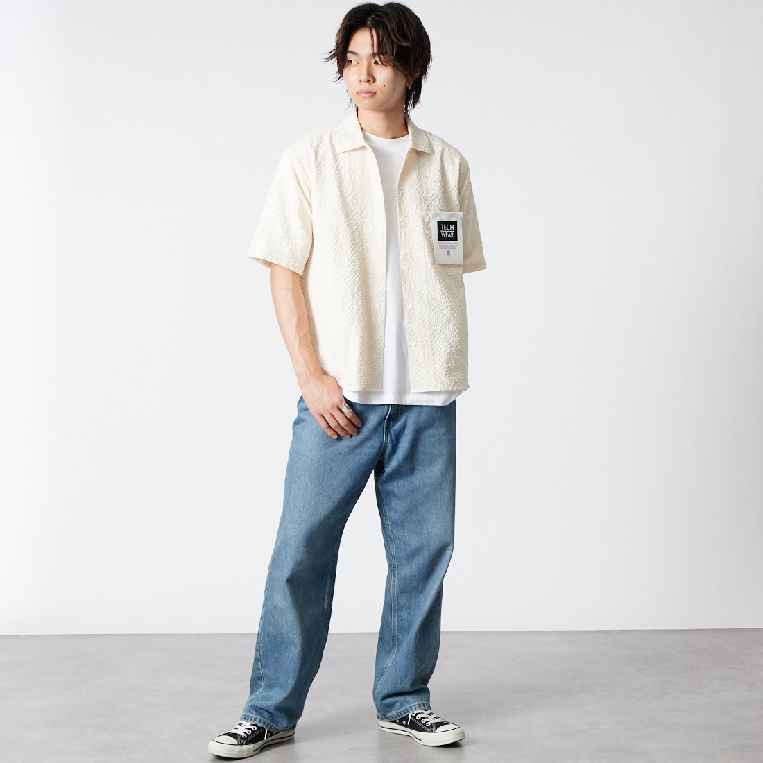 Jeans Factory Clothes [ジーンズファクトリークローズ] テックドビーメッシュ半袖ワンナップカラーシャツ [EPC-63105] 1 ｱｲﾎﾞﾘｰ &&モデル身長：177cm 着用サイズ：M&&