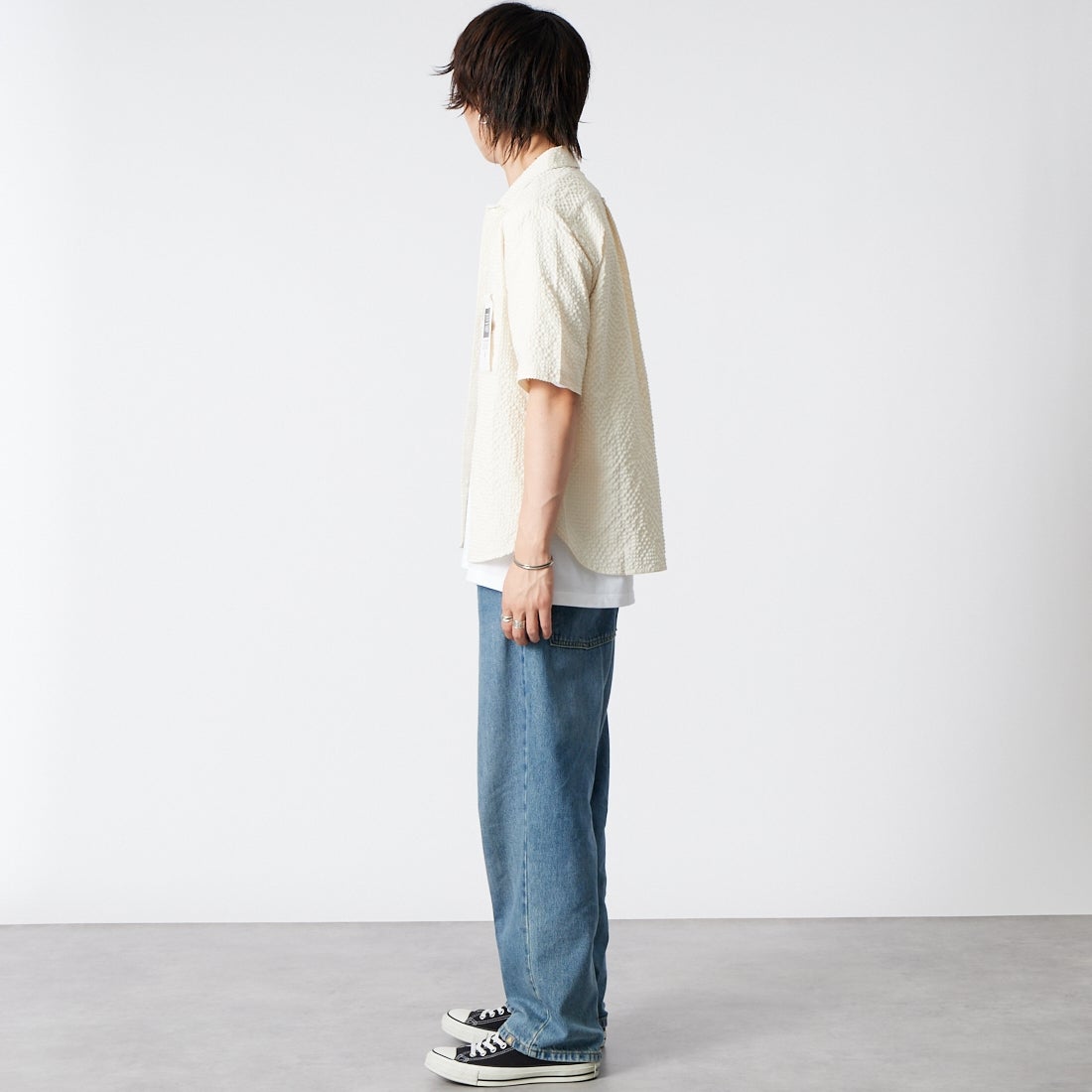 Jeans Factory Clothes [ジーンズファクトリークローズ] テックドビーメッシュ半袖ワンナップカラーシャツ [EPC-63105] 1 ｱｲﾎﾞﾘｰ &&モデル身長：177cm 着用サイズ：M&&