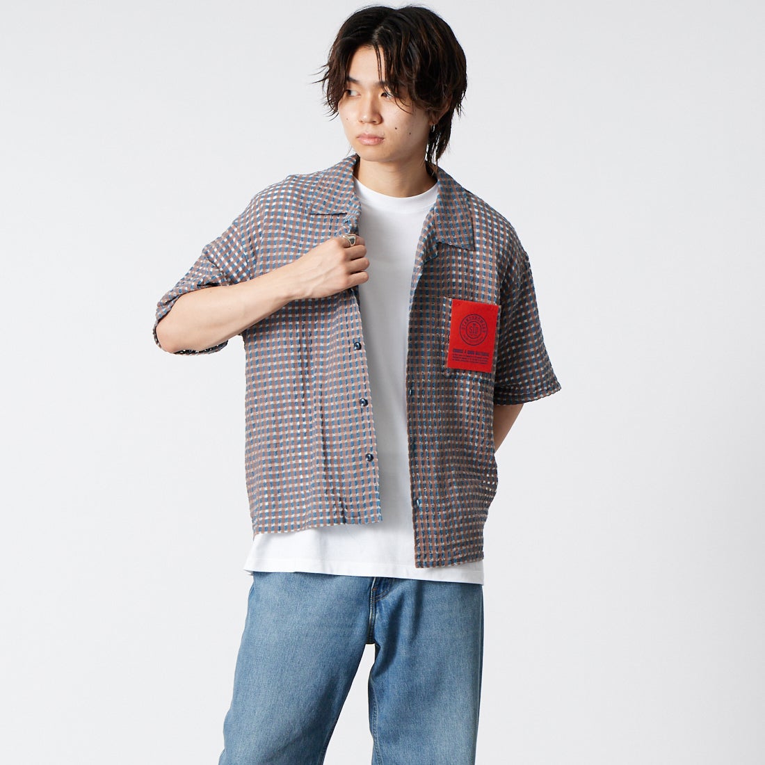 Jeans Factory Clothes [ジーンズファクトリークローズ] シアードビーオープンカラーシャツ [BFP616] 520 BLUE &&モデル身長：177cm 着用サイズ：M&&