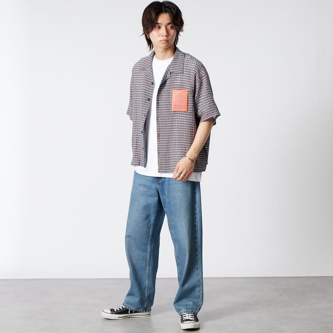 Jeans Factory Clothes [ジーンズファクトリークローズ] シアードビーオープンカラーシャツ [BFP616] 520 BLUE &&モデル身長：177cm 着用サイズ：M&&