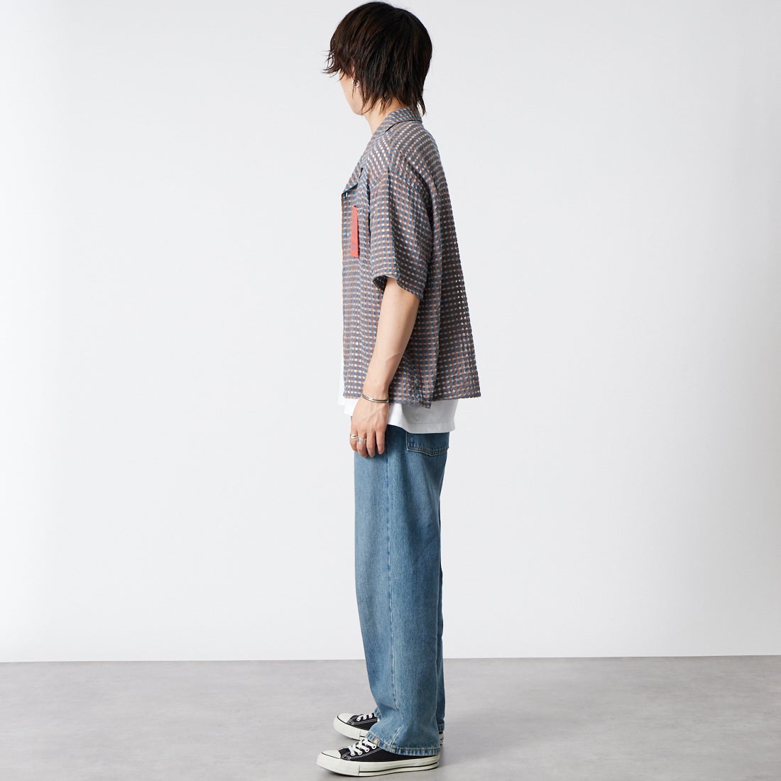 Jeans Factory Clothes [ジーンズファクトリークローズ] シアードビーオープンカラーシャツ [BFP616] 520 BLUE &&モデル身長：177cm 着用サイズ：M&&