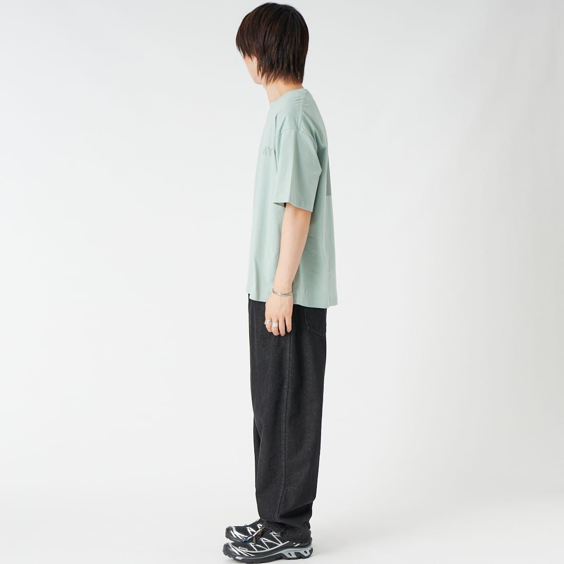 MADE IN STANDARD [メイドインスタンダード] 別注 ARMY ショートスリーブTシャツ [ARMY-TEE-JF] ｽﾓｰｷｰｸﾞﾘｰﾝ &&モデル身長：177cm 着用サイズ：M&&