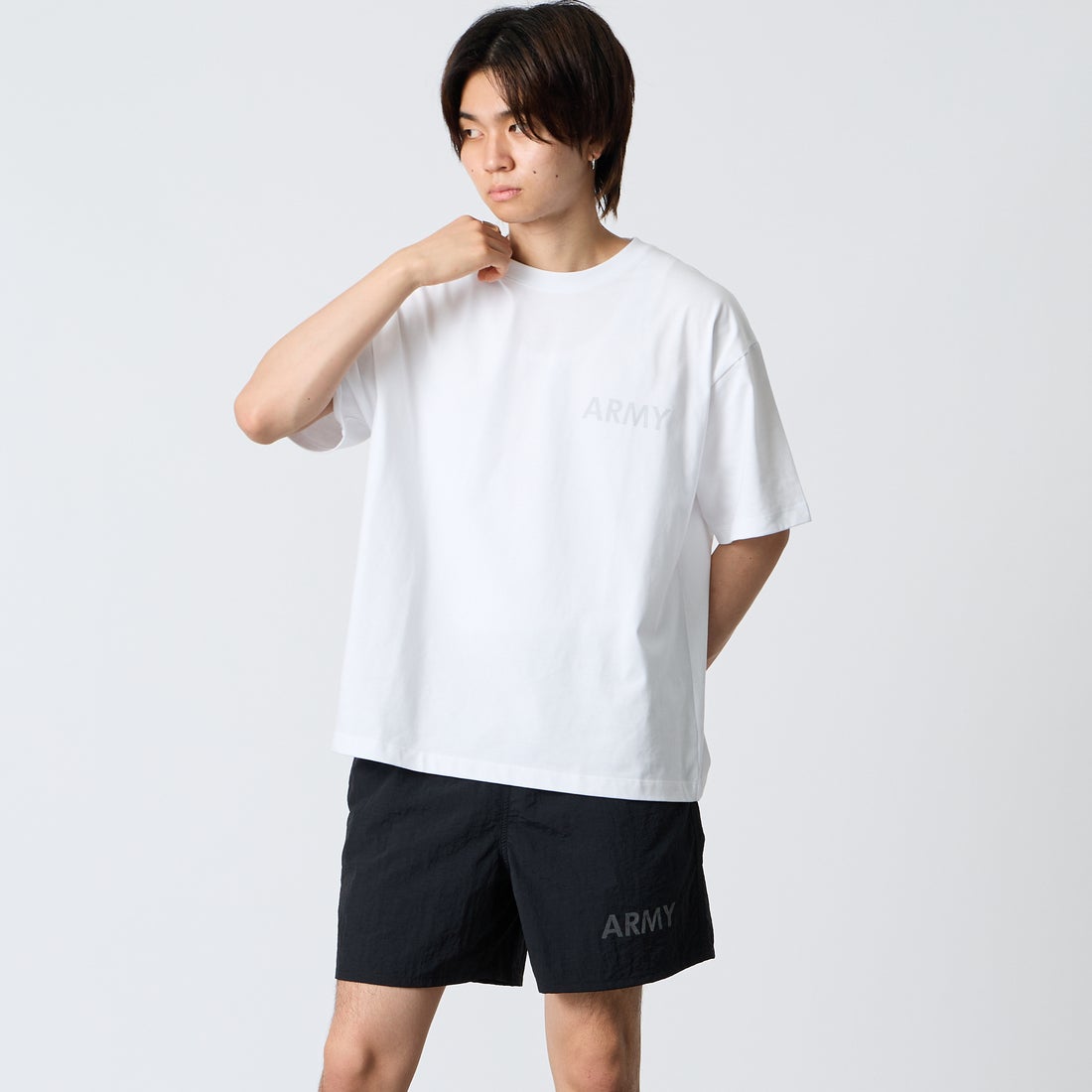 MADE IN STANDARD [メイドインスタンダード] 別注 ARMY ショートスリーブTシャツ [ARMY-TEE-JF]ﾎﾜｲﾄ &&モデル身長：177cm 着用サイズ：M&&