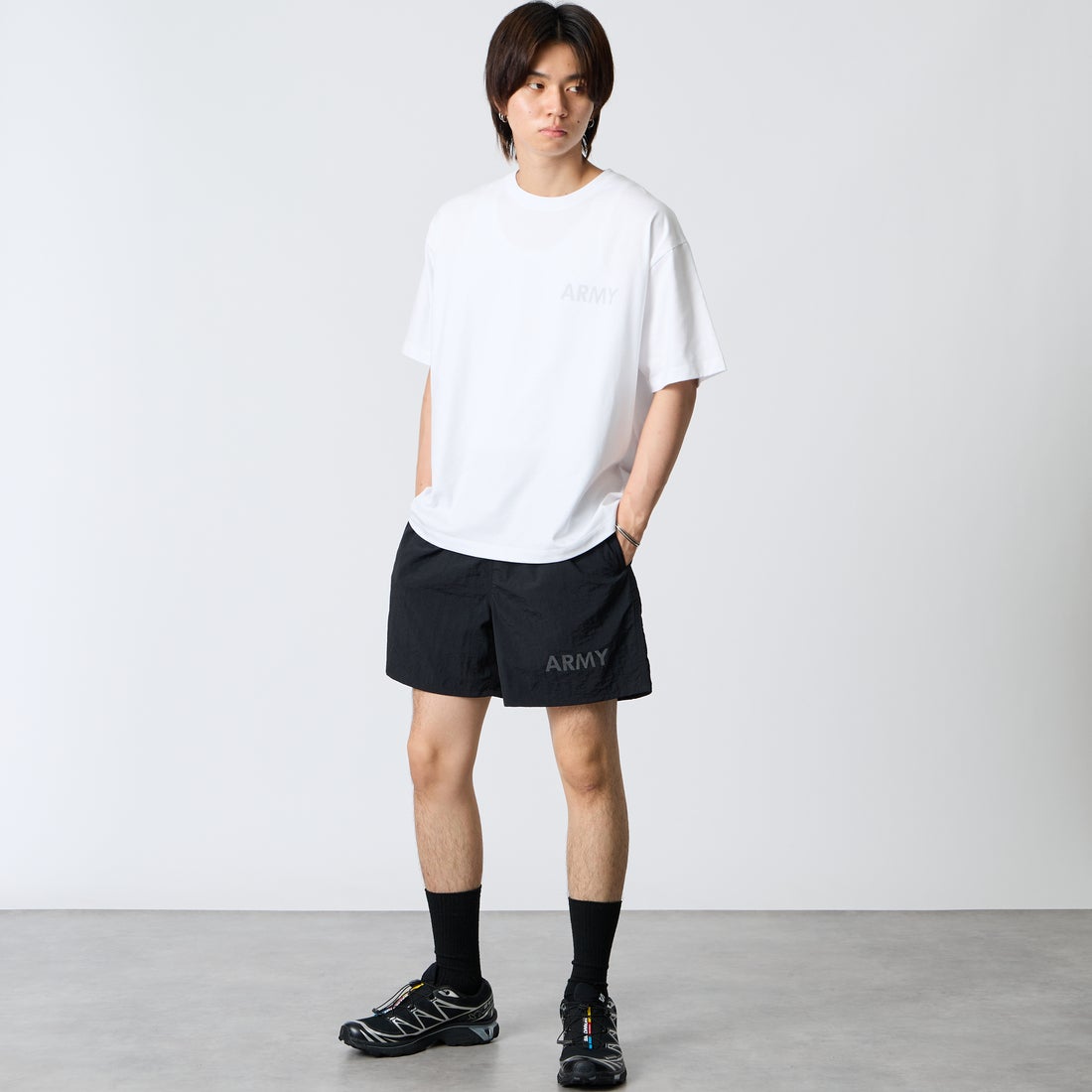 MADE IN STANDARD [メイドインスタンダード] 別注 ARMY ショートスリーブTシャツ [ARMY-TEE-JF]ﾎﾜｲﾄ &&モデル身長：177cm 着用サイズ：M&&