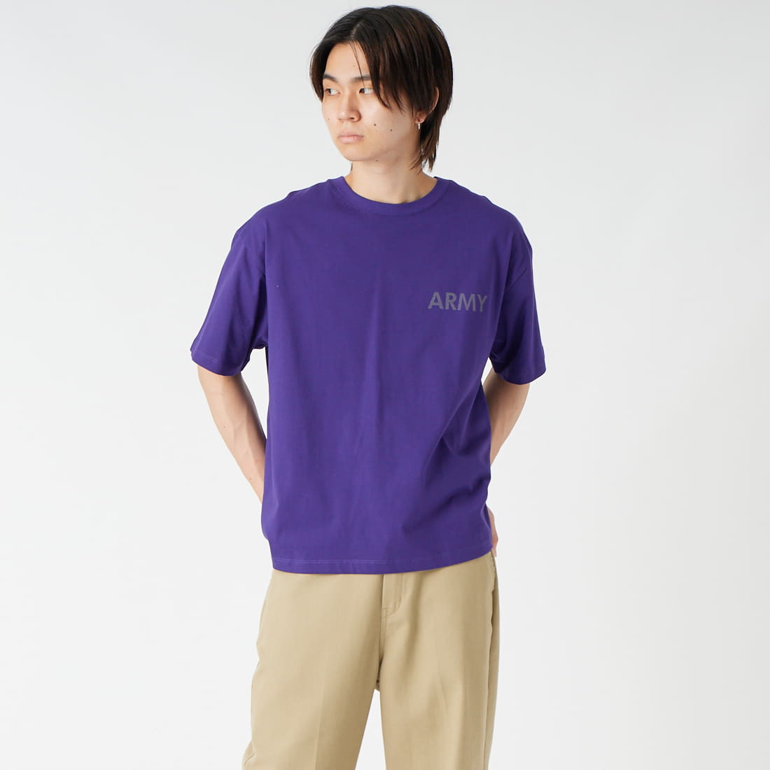 MADE IN STANDARD [メイドインスタンダード] 別注 ARMY ショートスリーブTシャツ [ARMY-TEE-JF]ﾊﾟｰﾌﾟﾙ &&モデル身長：177cm 着用サイズ：M&&